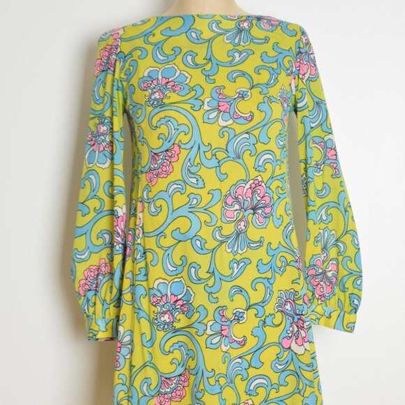 vintage 60s dress psychedelic print mod baroque green twiggy mini hippie S M - Picture 3 of 10